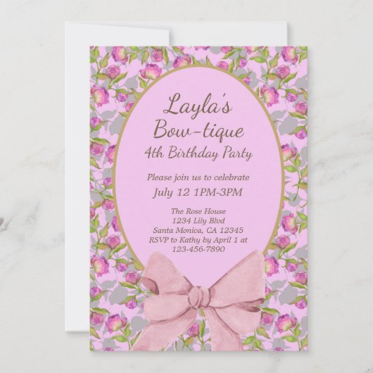 ヴィンテージフローラピンクボウブティックバースデーパーティー 招待状 (正面)