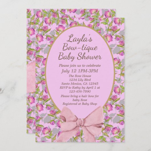 ヴィンテージフローラピンクボウブティックベビーシャワー 招待状 (正面/裏面)
