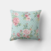 ヴィンテージフローラピンクローズフラワーズブルー水玉模様 クッション (裏面)