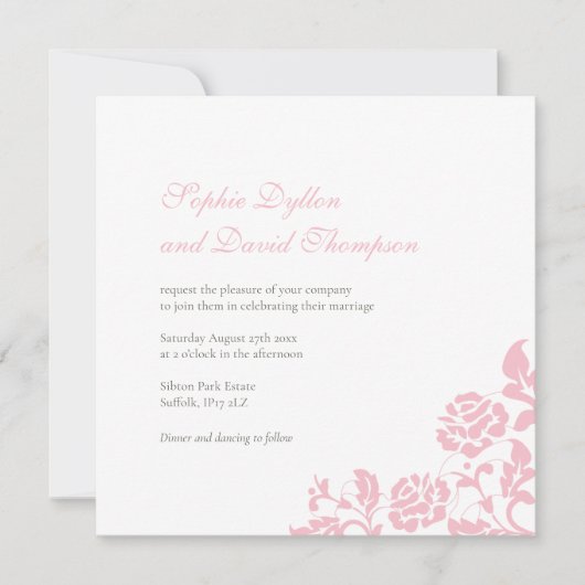 ヴィンテージフローラピンクローズレーススクウェア結婚ズ 招待状 (正面)