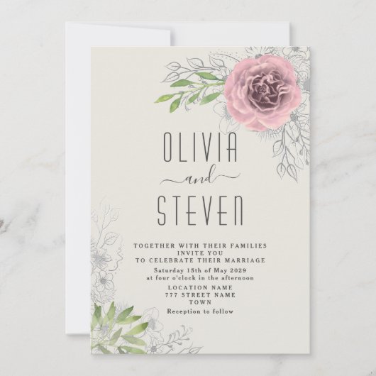 ヴィンテージフローラピンク結婚式招待状 招待状 (正面)