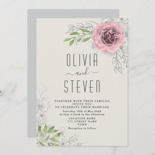 ヴィンテージフローラピンク結婚式招待状 招待状 (正面/裏面)