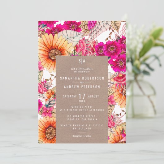 ヴィンテージフローラピンク色オレンジ色の国のクラフト結婚は 招待状 (スタンド正面)
