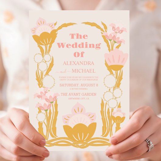 ヴィンテージフローラピンク金ゴールドアールヌーボー結婚ズ 招待状