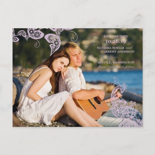 ヴィンテージフローラピーコックパープルフォトセーブ日付 案内ポストカード (正面)