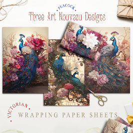 ヴィンテージフローラピーコックビクトリアンアールヌーボー ラッピングペーパーシート