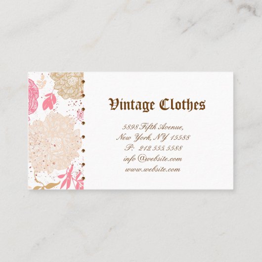 ヴィンテージフローラファッション衣料ピンクホワイトクリーム 名刺 (裏面)