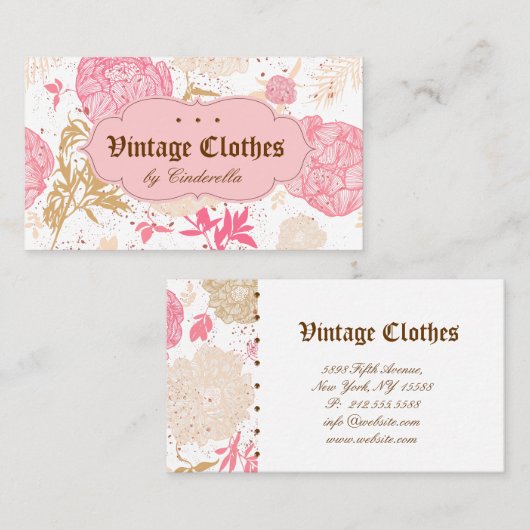ヴィンテージフローラファッション衣料ピンクホワイトクリーム 名刺 (正面/裏面)