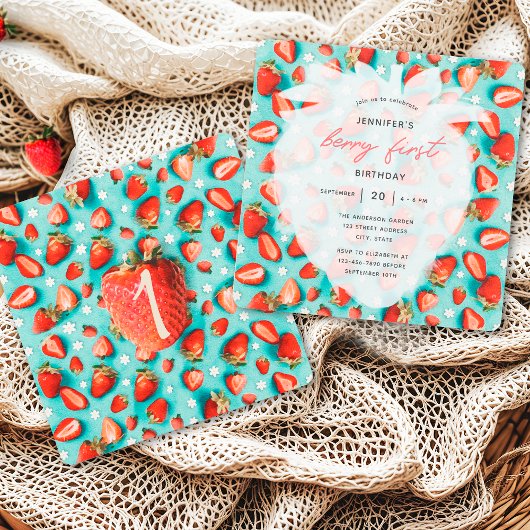 ヴィンテージフローラファーストストロベリーテーマ誕生日 招待状