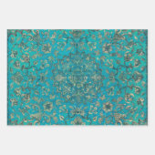 ヴィンテージフローラフェイク金ゴールド&ブルーティール（緑がかった色）オーナメント ラッピングペーパーシート (正面2)