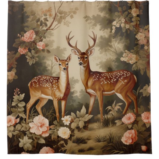 ヴィンテージフローラフォレストディアー シャワーカーテン (正面)