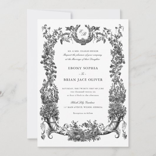 ヴィンテージフローラフレームつる植物トイルクレスト結婚ズ 招待状 (正面)