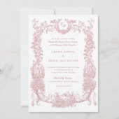 ヴィンテージフローラフレームつる植物トワール赤面ピンク結婚ズ 招待状 (正面)