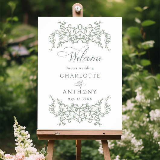 ヴィンテージフローラフレームセージ結婚グリーンへようこそ ポスター