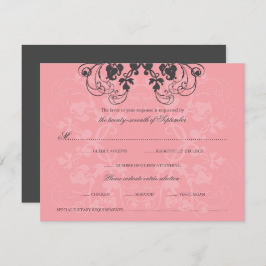 ヴィンテージフローラフローリッシュチャコールピンクRSVPカード 出欠カード (正面/裏面)