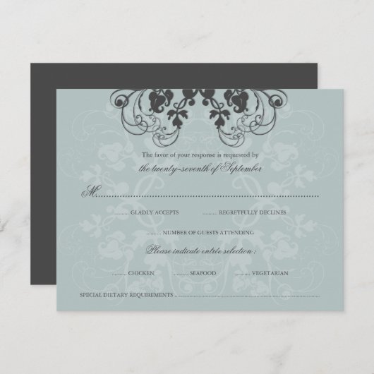 ヴィンテージフローラフローリッシュチャコールブルーRSVPカード 出欠カード (正面/裏面)