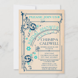 ヴィンテージフローラフローリッシュネイビーアクアブライダルシャワー 招待状