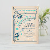 ヴィンテージフローラフローリッシュネイビーアクアブライダルシャワー 招待状 (スタンド正面)