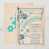 ヴィンテージフローラフローリッシュネイビーアクアブライダルシャワー 招待状 (正面/裏面)