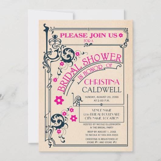 ヴィンテージフローラフローリッシュネイビーマゼンタブライダルシャワー 招待状 (正面)