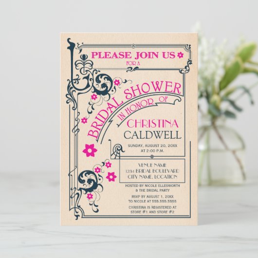 ヴィンテージフローラフローリッシュネイビーマゼンタブライダルシャワー 招待状 (スタンド正面)
