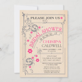 ヴィンテージフローラフローリッシュピンクグレーブライダルシャワー 招待状