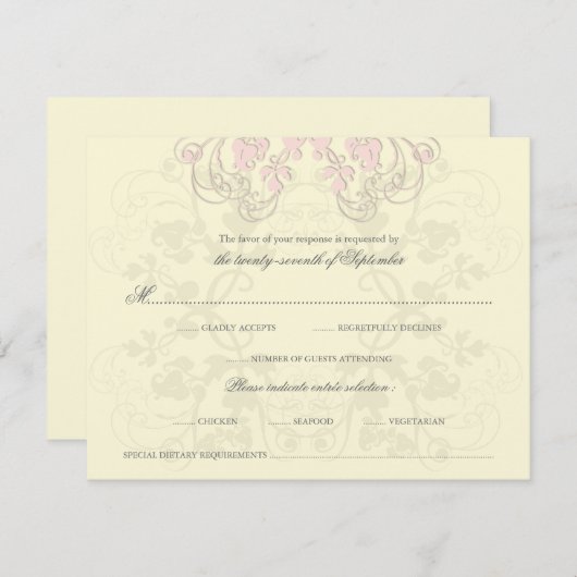 ヴィンテージフローラフローリッシュベビーピンクRSVPカード 出欠カード (正面/裏面)