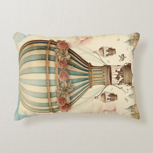 ヴィンテージフローラブストライプルー熱気球 アクセントクッション (正面)