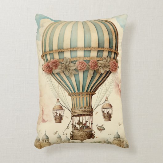 ヴィンテージフローラブストライプルー熱気球 アクセントクッション (正面(垂直))