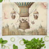 ヴィンテージフローラブストライプルー熱気球 キッチンタオル (折り畳み)