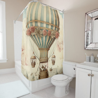 ヴィンテージフローラブストライプルー熱気球 シャワーカーテン