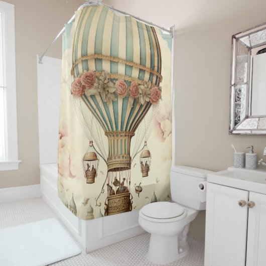 ヴィンテージフローラブストライプルー熱気球 シャワーカーテン (インサイチュ)
