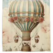 ヴィンテージフローラブストライプルー熱気球 シャワーカーテン (正面)