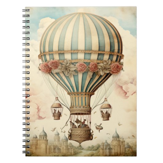 ヴィンテージフローラブストライプルー熱気球 ノートブック (正面)