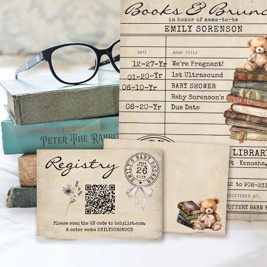 ヴィンテージフローラブックベビーシャワーレジストリQRコード エンクロージャーカード