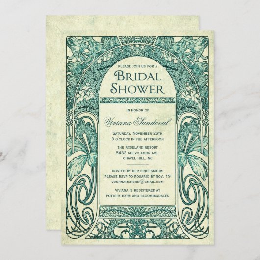 ヴィンテージフローラブライダルシャワー招待状ターコイズ 招待状 (正面/裏面)