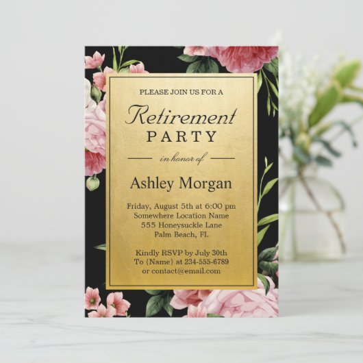 ヴィンテージフローラブラック金ゴールドクラスリタイアメントパーティー 招待状 (スタンド正面)