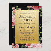 ヴィンテージフローラブラック金ゴールドクラスリタイアメントパーティー 招待状 (正面/裏面)
