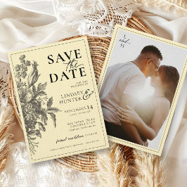 ヴィンテージフローラブラック&バターイエローフォト結婚ズ セーブザデート