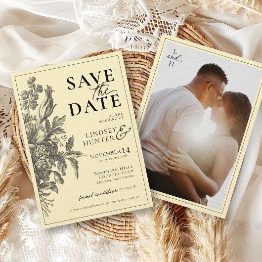 ヴィンテージフローラブラック&バターイエローフォト結婚ズ セーブザデート