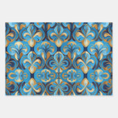 ヴィンテージフローラブルーと金ゴールドパターン（の模様が）ある紙。 ラッピングペーパーシート (正面2)