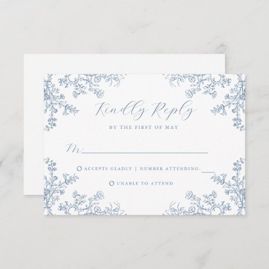ヴィンテージフローラブルーウェディングRSVPカード 出欠カード (正面/裏面)