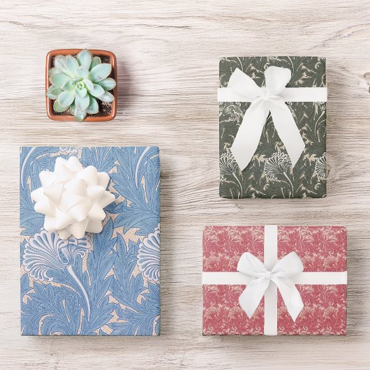ヴィンテージフローラブルーグリーンレッドモリスパターンチューリップ ラッピングペーパーシート