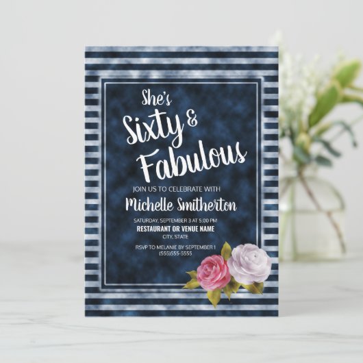 ヴィンテージフローラブルーストライプホワイト誕生日60 招待状 (スタンド正面)