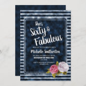 ヴィンテージフローラブルーストライプホワイト誕生日60 招待状 (正面/裏面)