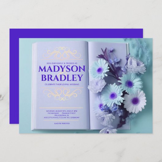 ヴィンテージフローラブルーストーリーブック結婚の 招待状 (正面/裏面)