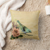 ヴィンテージフローラブルーソングバード金ゴールドミュージックノート クッション (ブランケット)