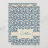 ヴィンテージフローラブルーパターン誕生日招待状 招待状 (正面/裏面)