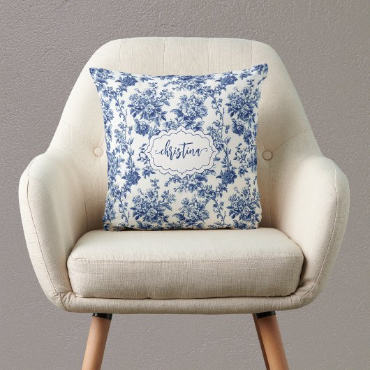 ヴィンテージフローラブルーパーソナライズされたホワイト クッション