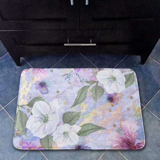 ヴィンテージフローラブルーパープル金ゴールド水色スクリプト バスマット